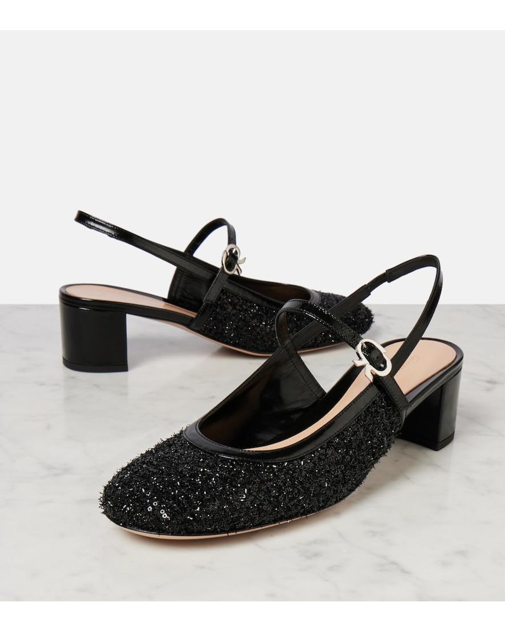 Gianvito Rossi Black Leather-Trimmed Slingback Pumps
