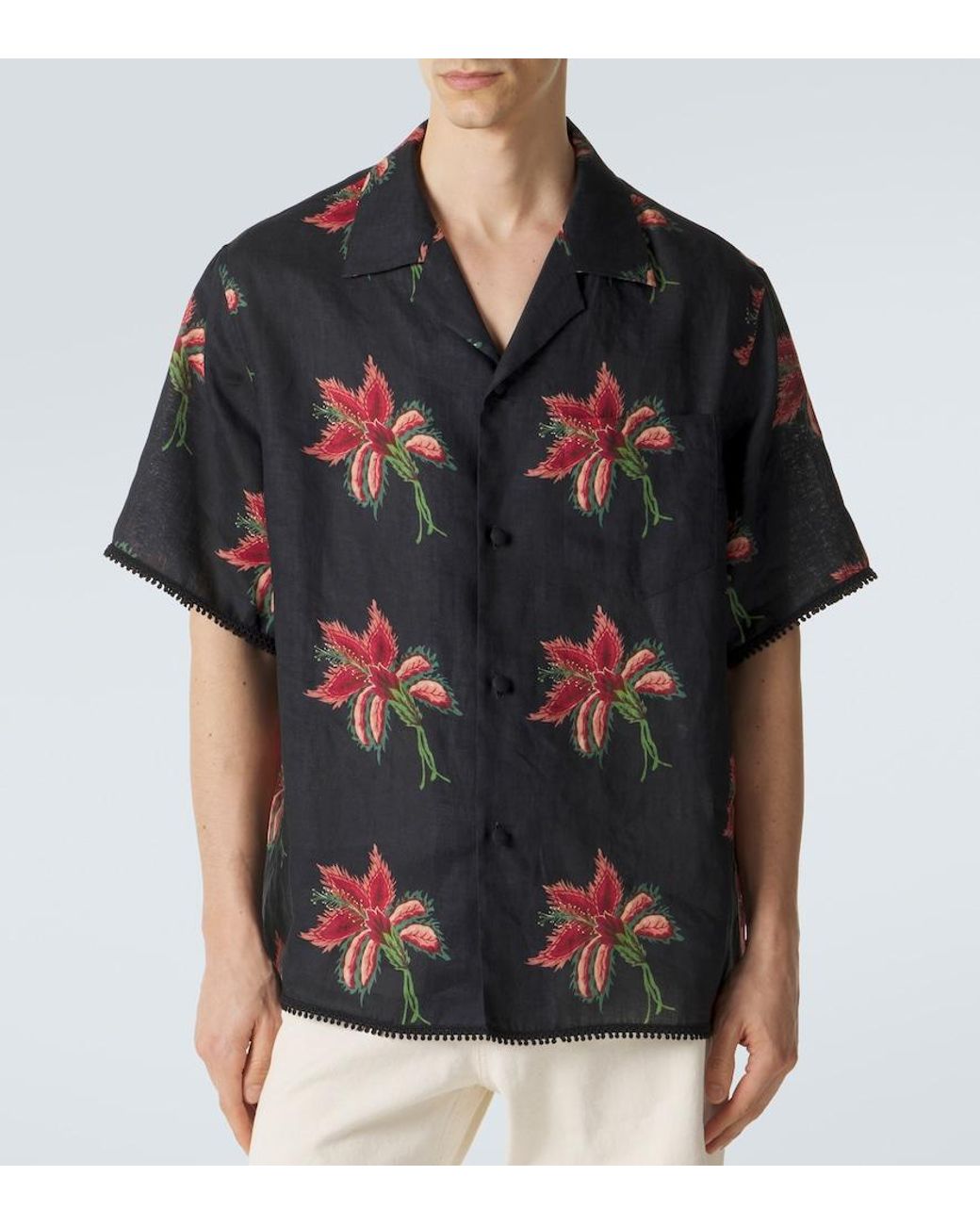 Valentino Garavani Black Floral Lace-Trimmed Linen Bowling Shirt for men