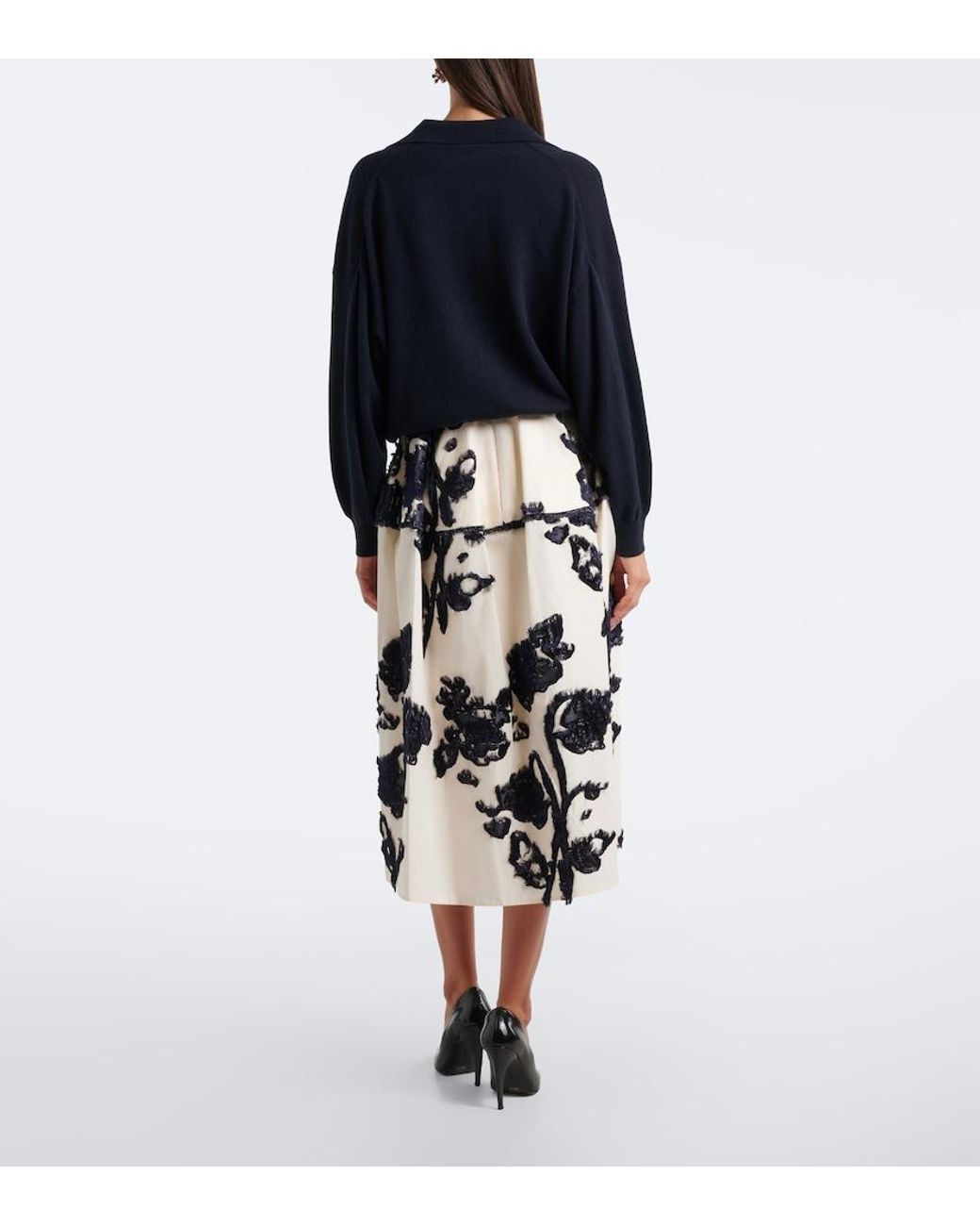 Erdem White Floral Fil Coupe Poplin Midi Skirt