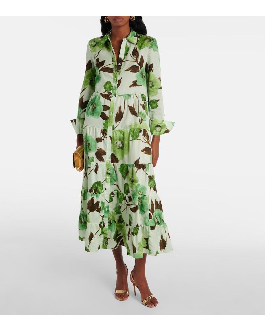 Erdem Green Floral-Print Cotton Midi Shirt Dress