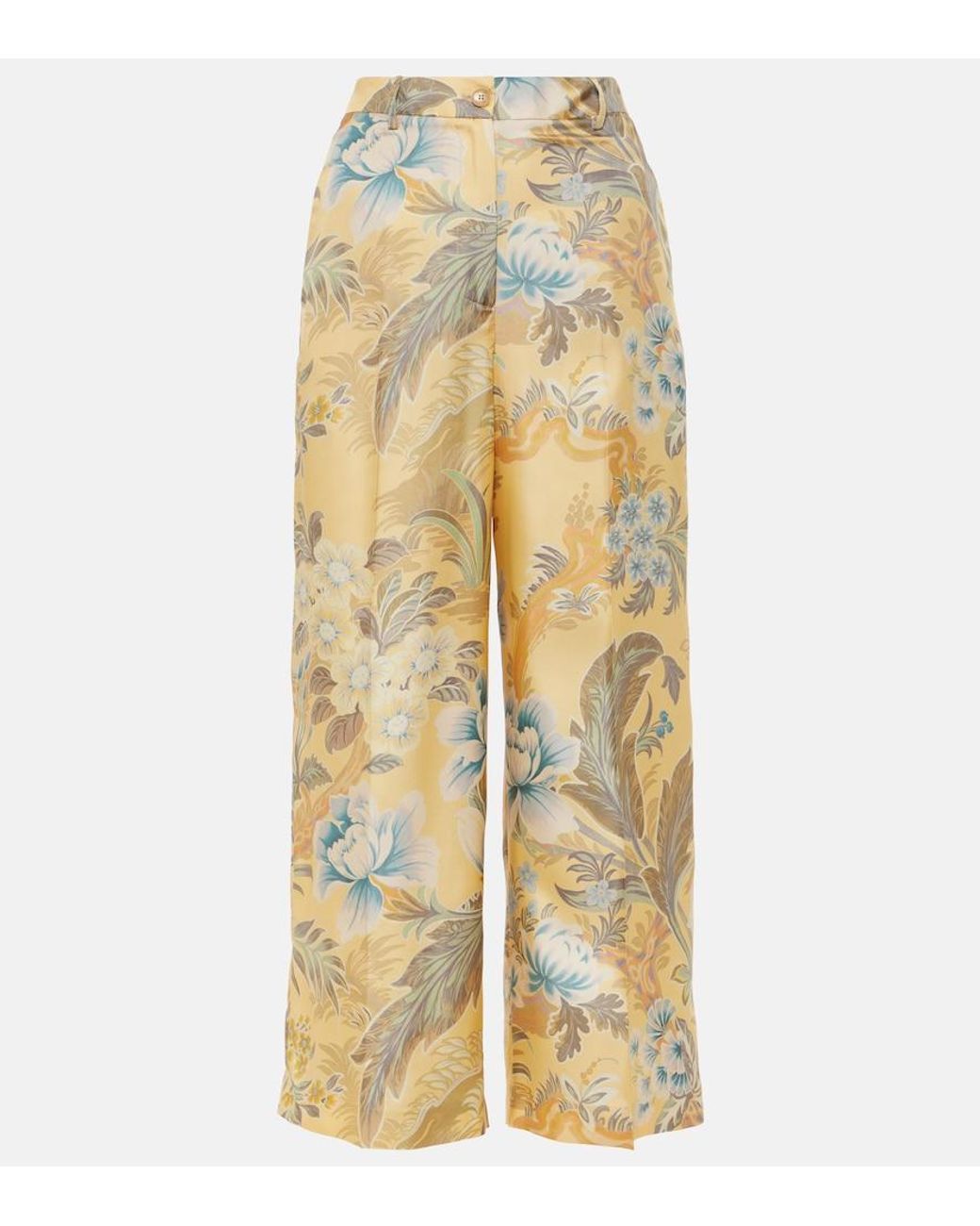 Etro Yellow Printed Silk Wide-Leg Pants