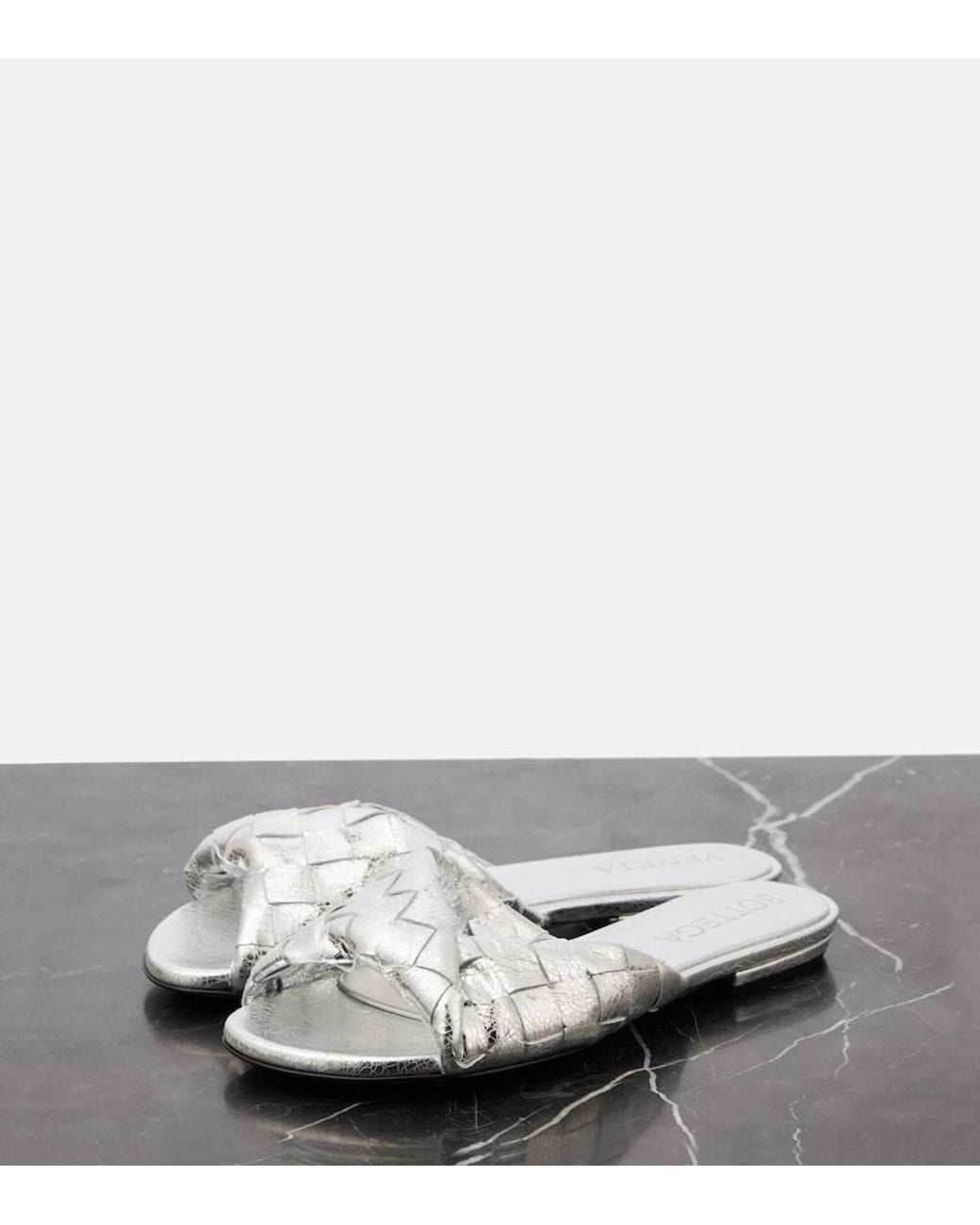 Bottega Veneta White Blink Intrecciato Metallic Leather Mules