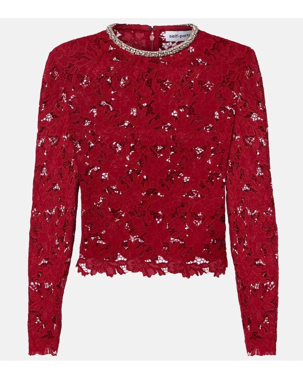 Self-Portrait Red Embellished Guipure Lace Top