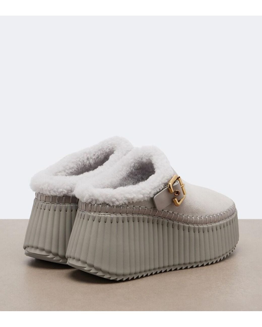 Chloé Gray Nama Shearling-Lined Suede Platform Mules