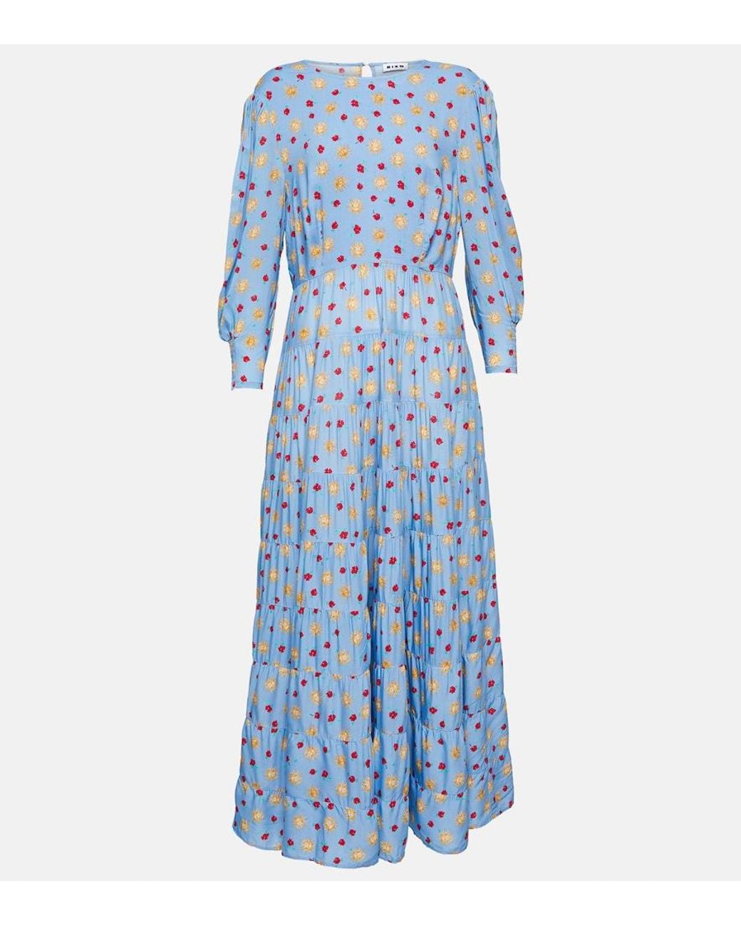 Rixo Blue Kristen Tiered Printed Voile Maxi Dress