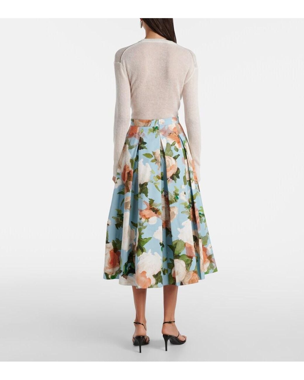 Erdem Green Floral Pleated Cotton Midi Skirt