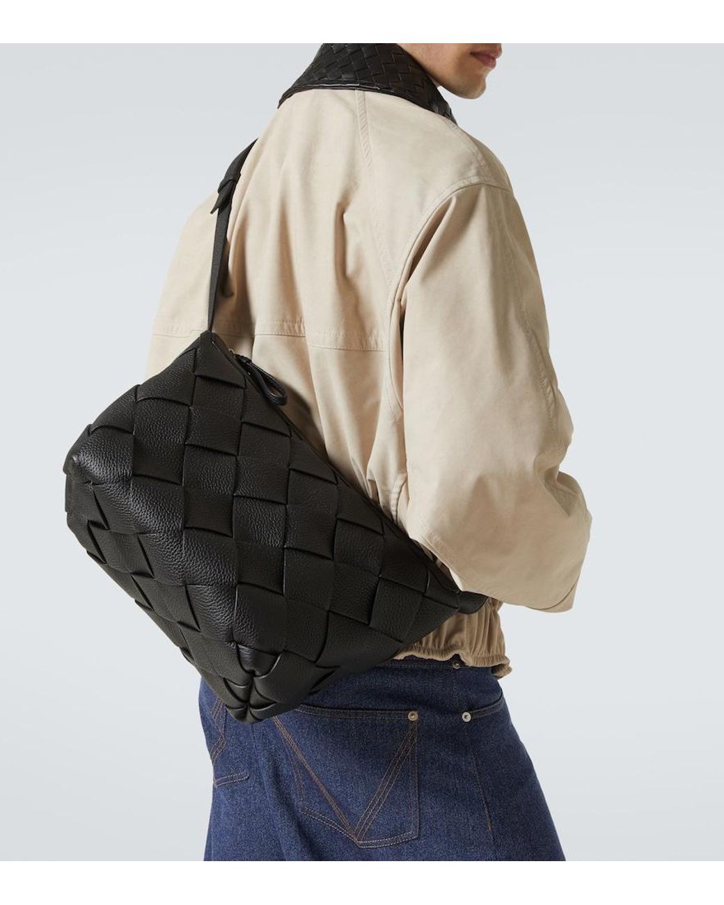 Bottega Veneta Black Diago Intreccio Leather Shoulder Bag for men