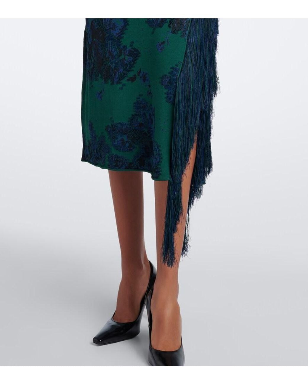 Erdem Blue Floral Fringed Knitted Jacquard Midi Dress
