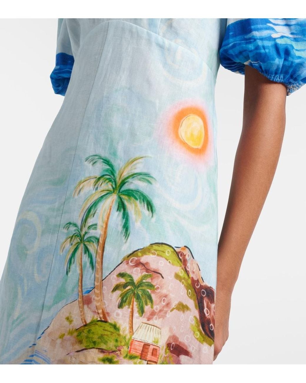 ALÉMAIS Blue Printed Linen Midi Dress