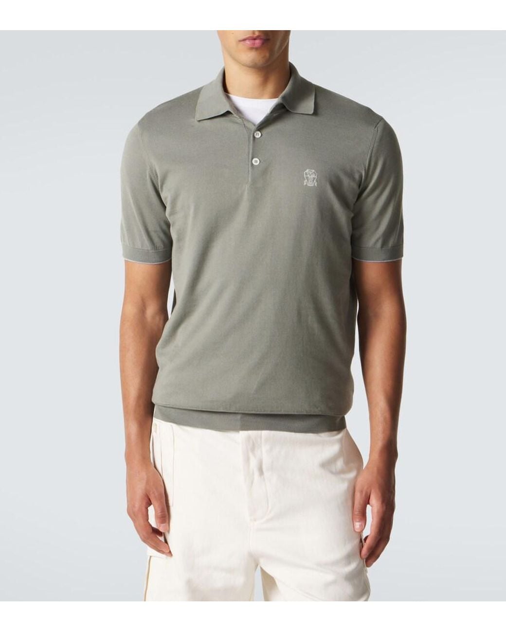 Brunello Cucinelli Green Logo Cotton Pique Polo Shirt for men