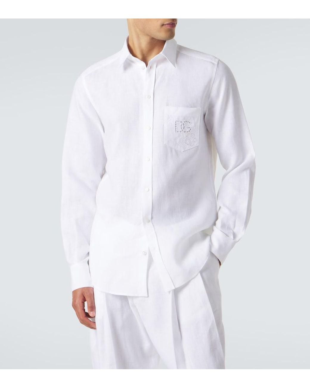 Dolce & Gabbana White Embroidered Linen Shirt for men
