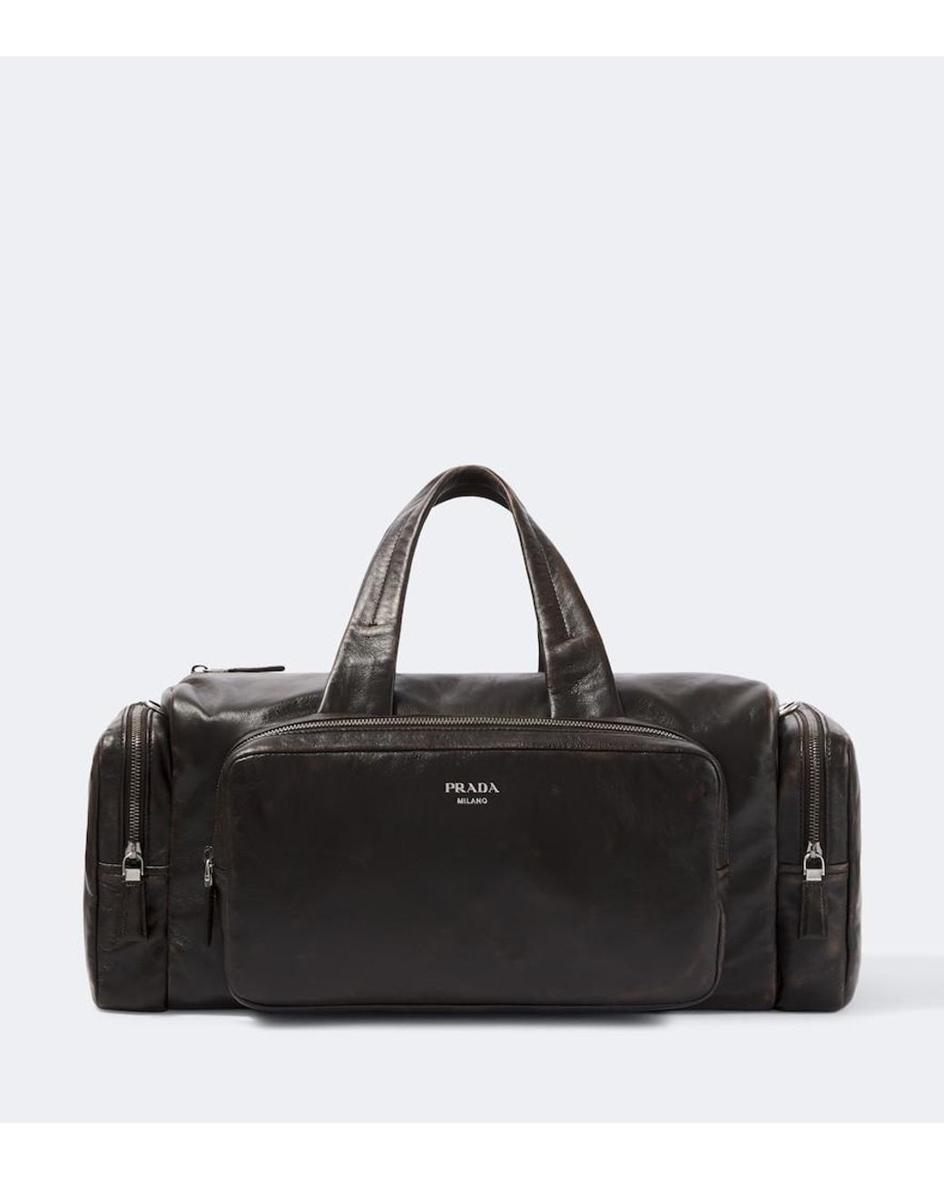 Prada Black Distressed Leather Duffel Bag for men