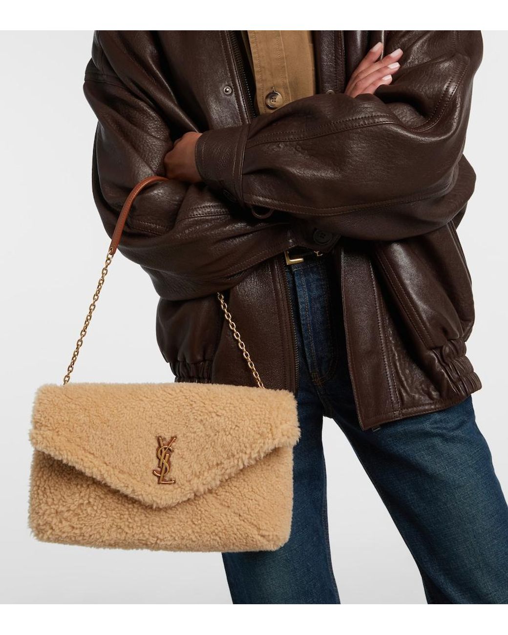 Saint Laurent Metallic Cassandre Envelope Shearling Shoulder Bag