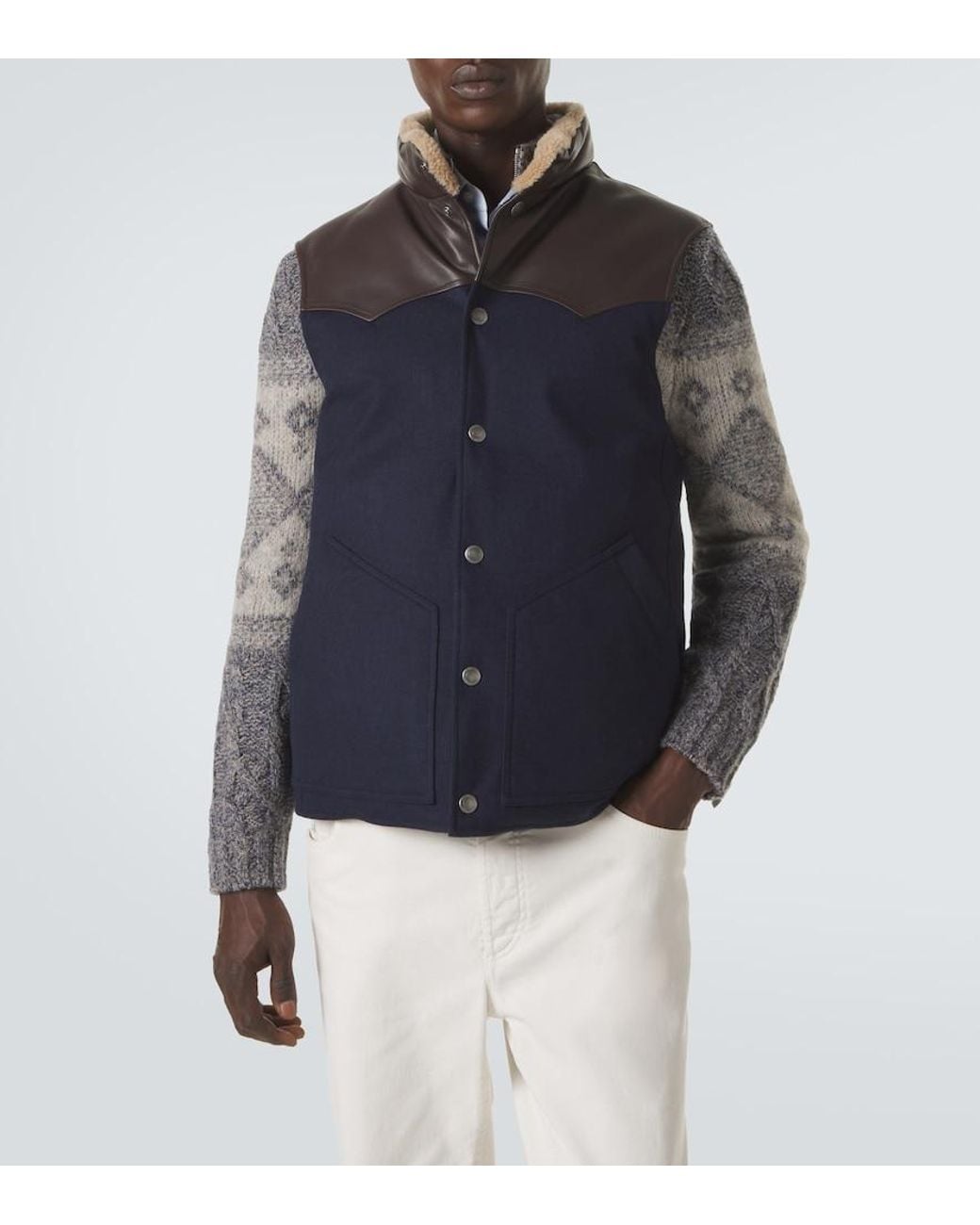 Brunello Cucinelli Blue Shearling-Trimmed Wool Vest for men