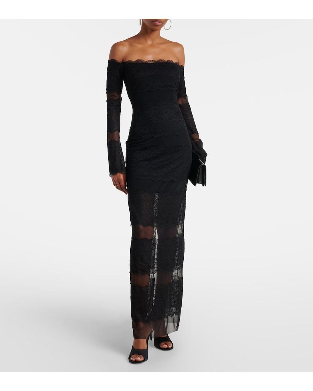 Blumarine Black Off-Shoulder Lace Tulle Maxi Dress