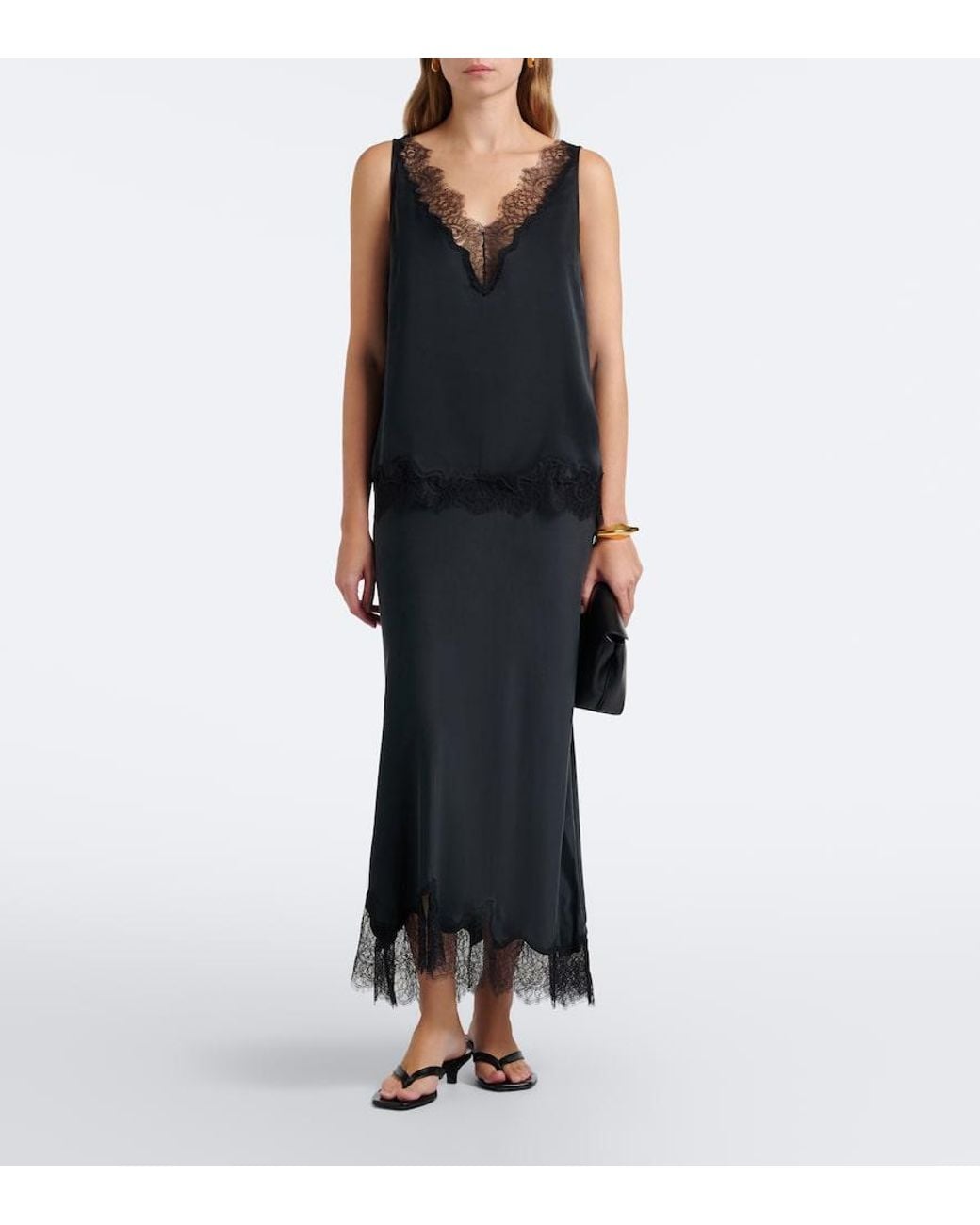 Velvet Black Lace-Trimmed Silk Satin Top
