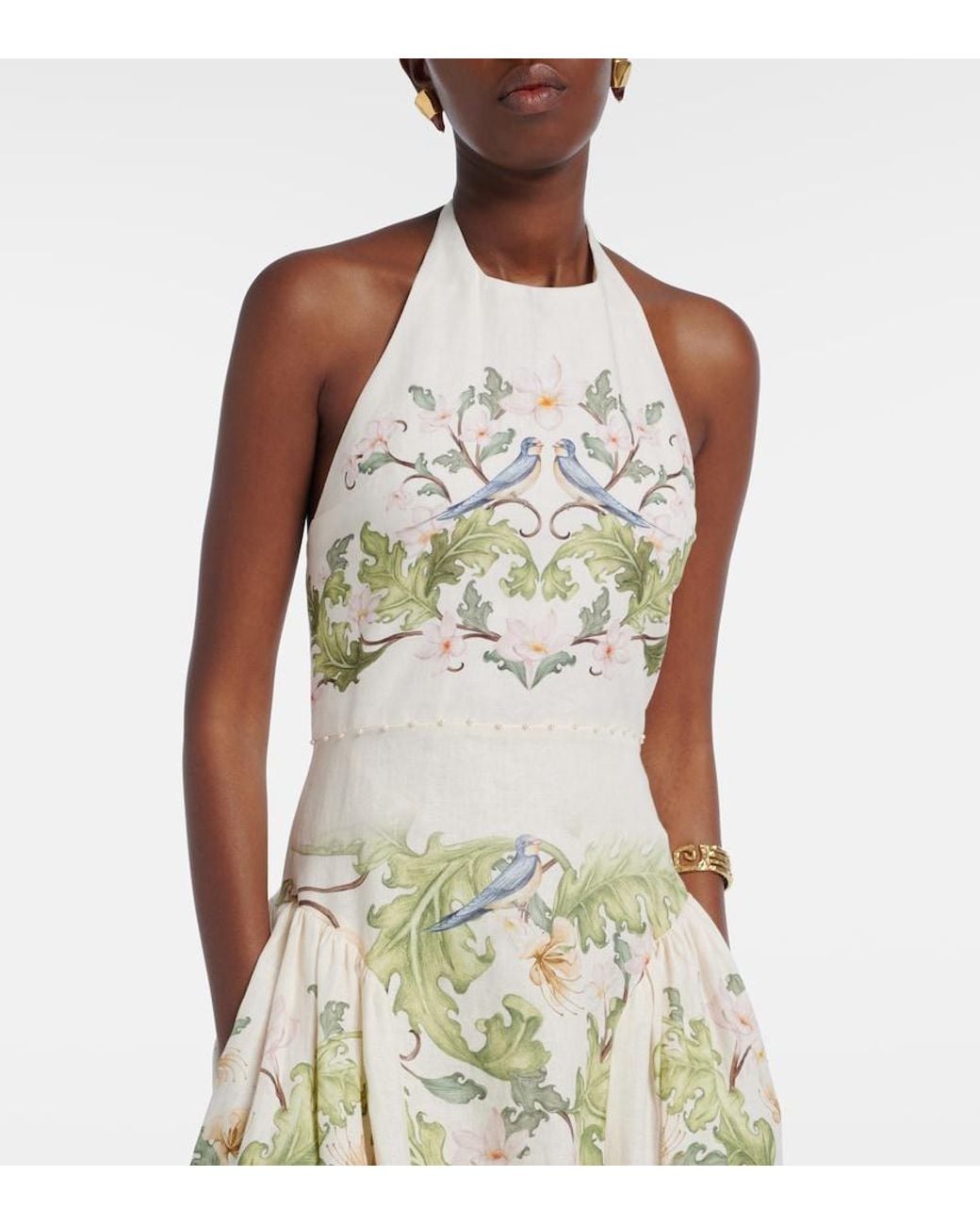 Agua Bendita Metallic Balsa Anhelo Floral Linen Midi Dress