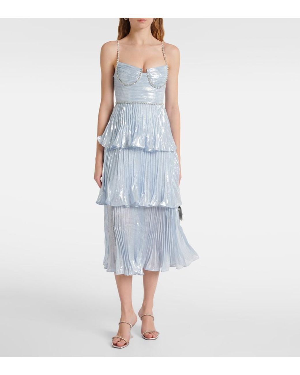 Self-Portrait Blue Feather-Trimmed Silk-Blend Chiffon Gown