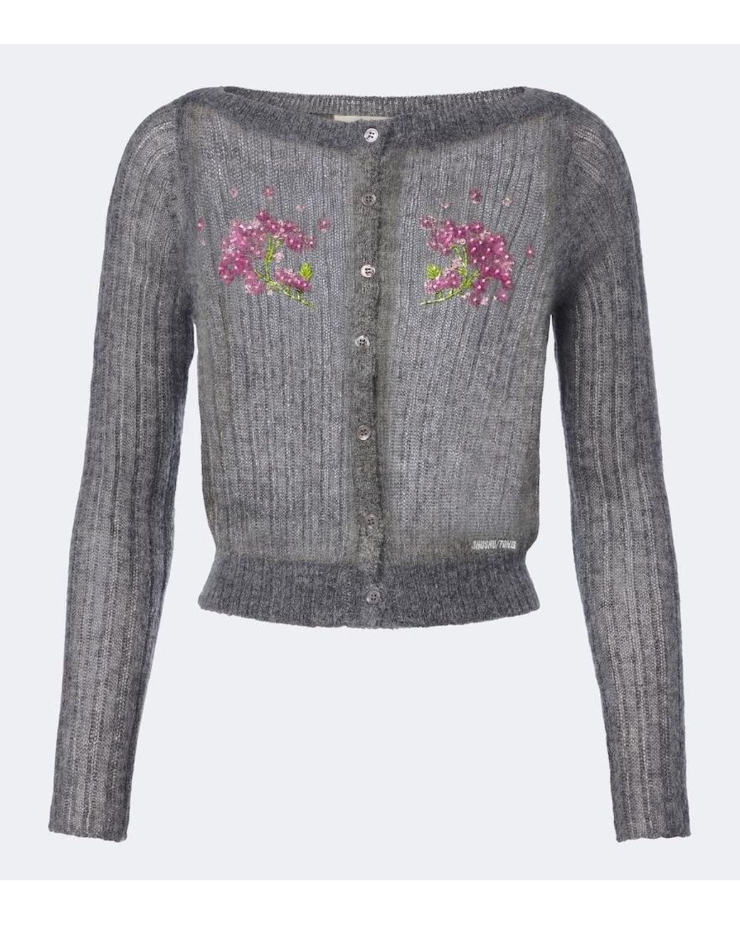 ShuShu/Tong Gray Embellished Wool And Mohair-Blend Cardigan