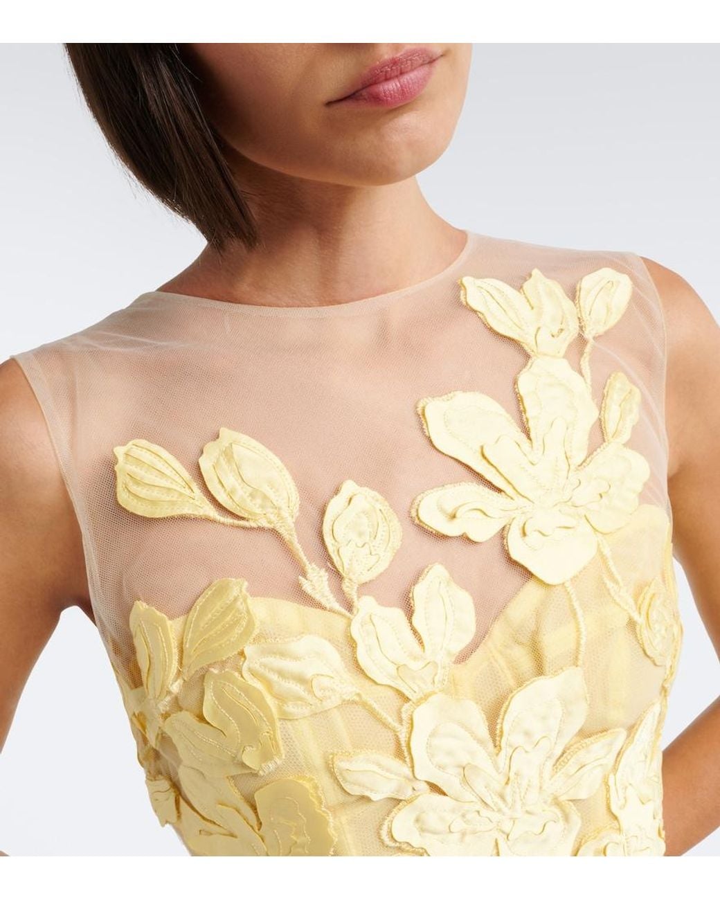Monique Lhuillier Yellow Floral Tulle Midi Dress
