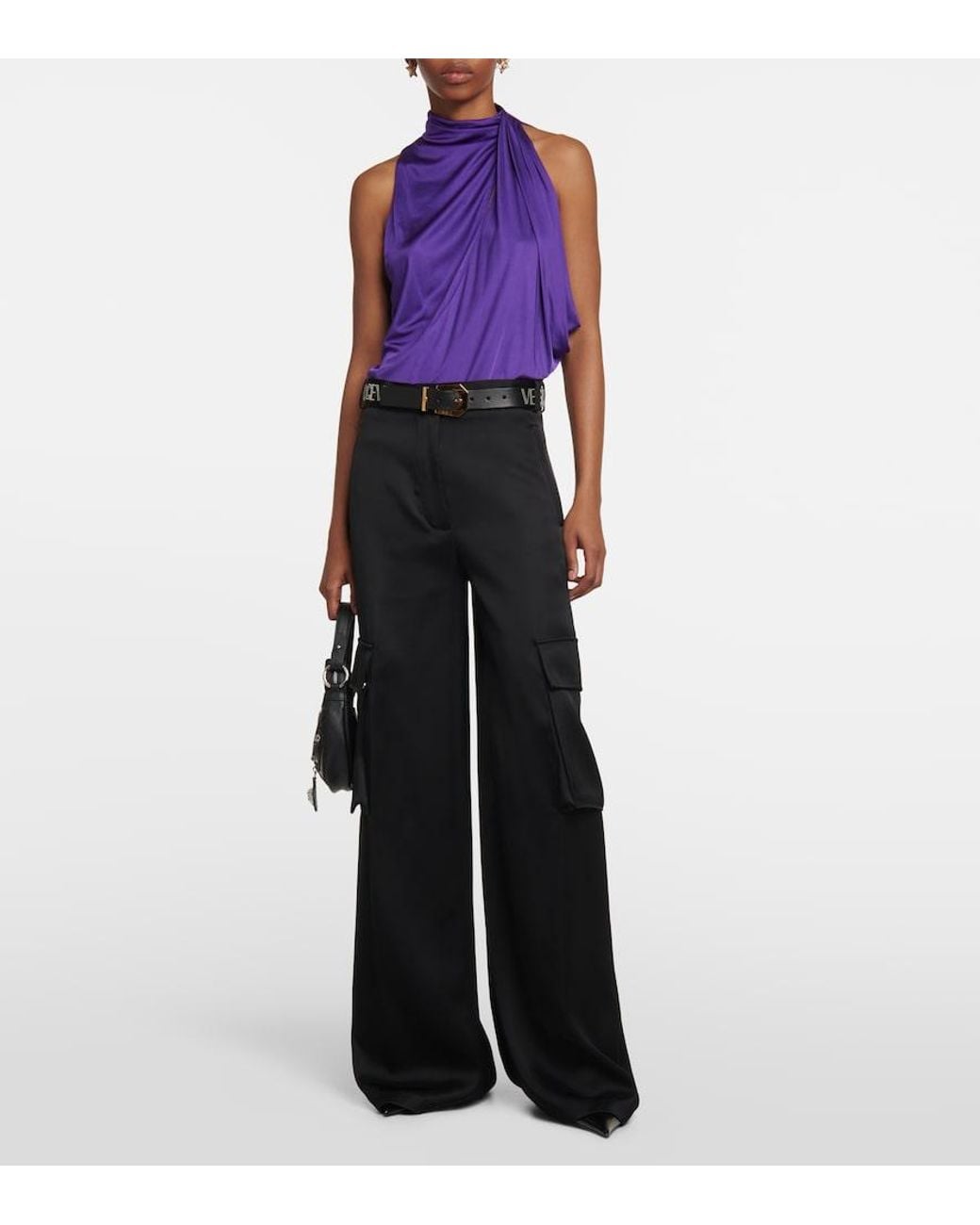 Versace Black High-Rise Wide-Leg Satin Cargo Pants