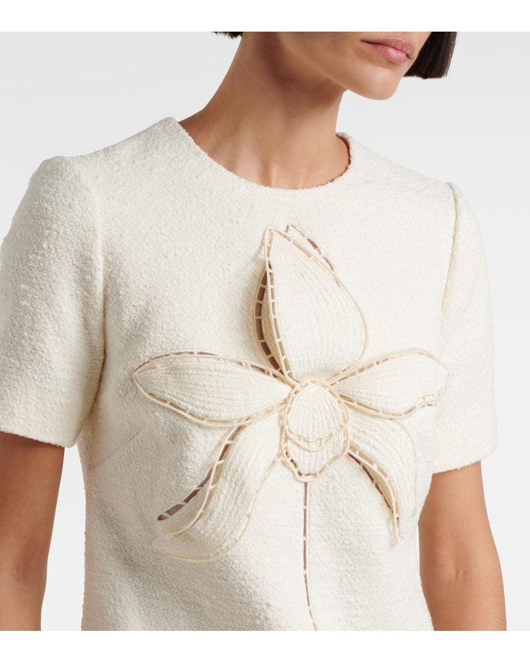 Oscar de la Renta Natural Orchid Embroidered Cotton Tweed Shift Dress