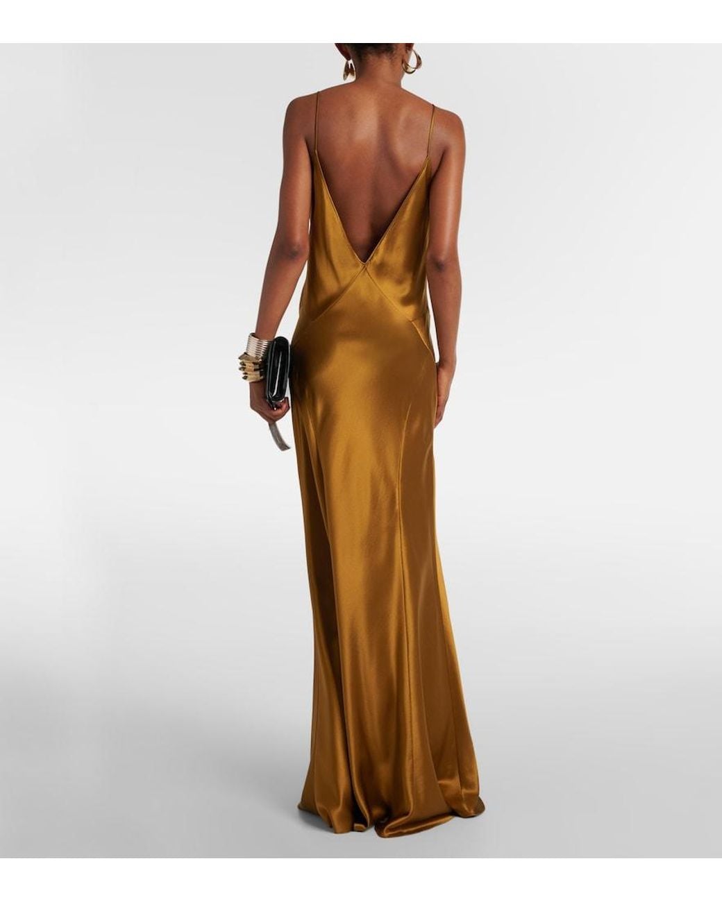 Saint Laurent Open-Back Paneled Silk-Satin Gown in Orange | Lyst