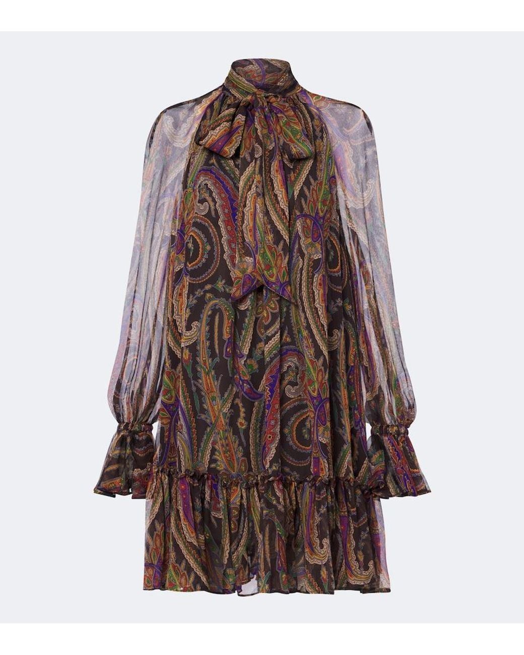 Etro Brown Paisley Tie-Neck Silk Minidress