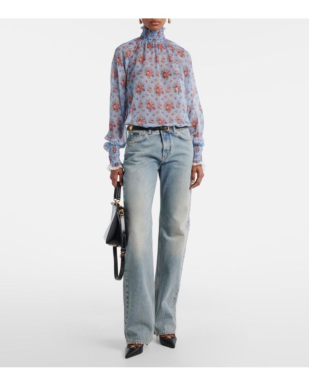 Dolce & Gabbana Blue Floral Ruffled Silk And Cotton Blouse