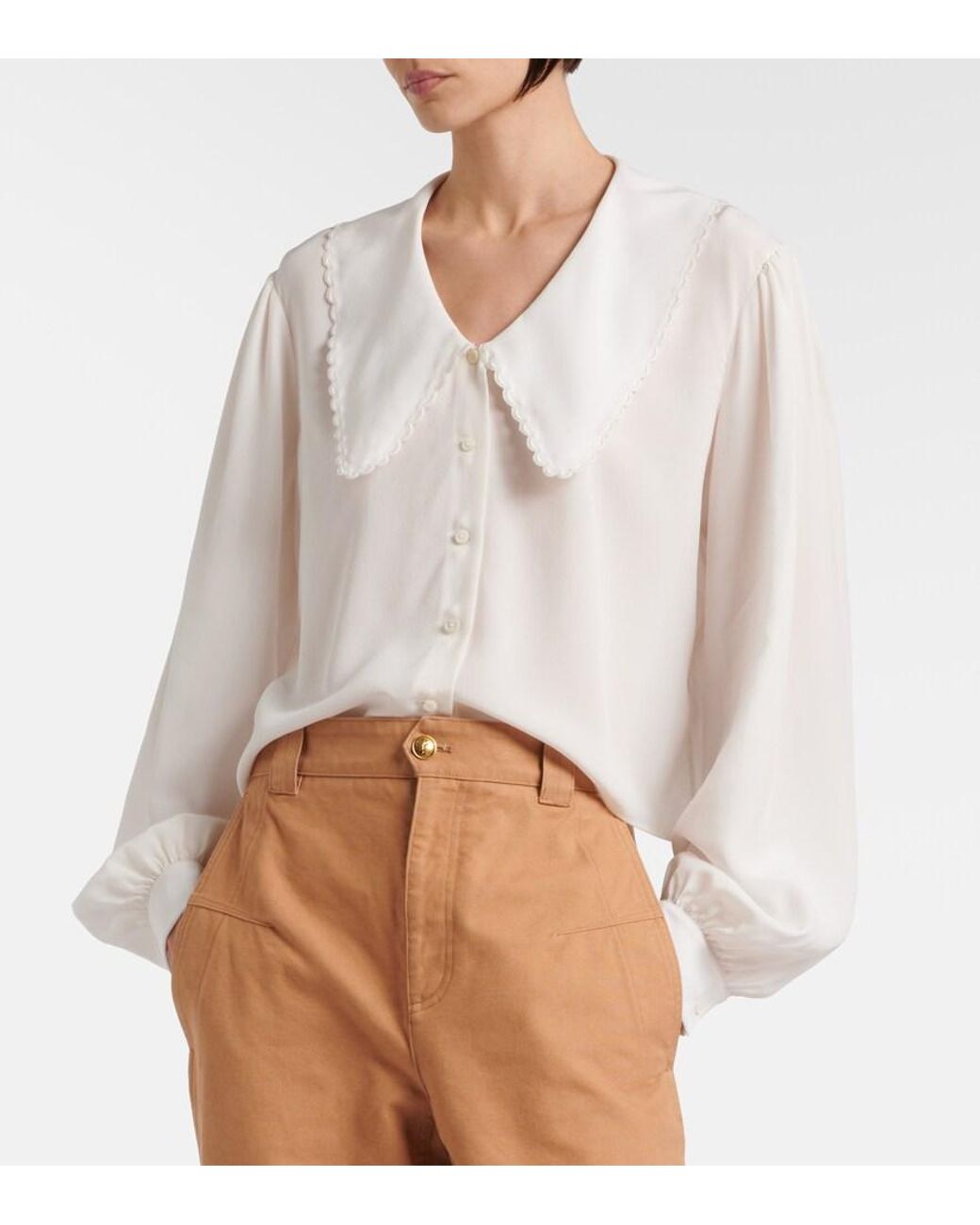 Chloé White Scalloped Silk Crepe De Chine Blouse
