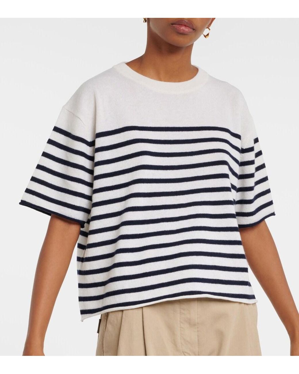 Lisa Yang White Cila Striped Cashmere T-Shirt