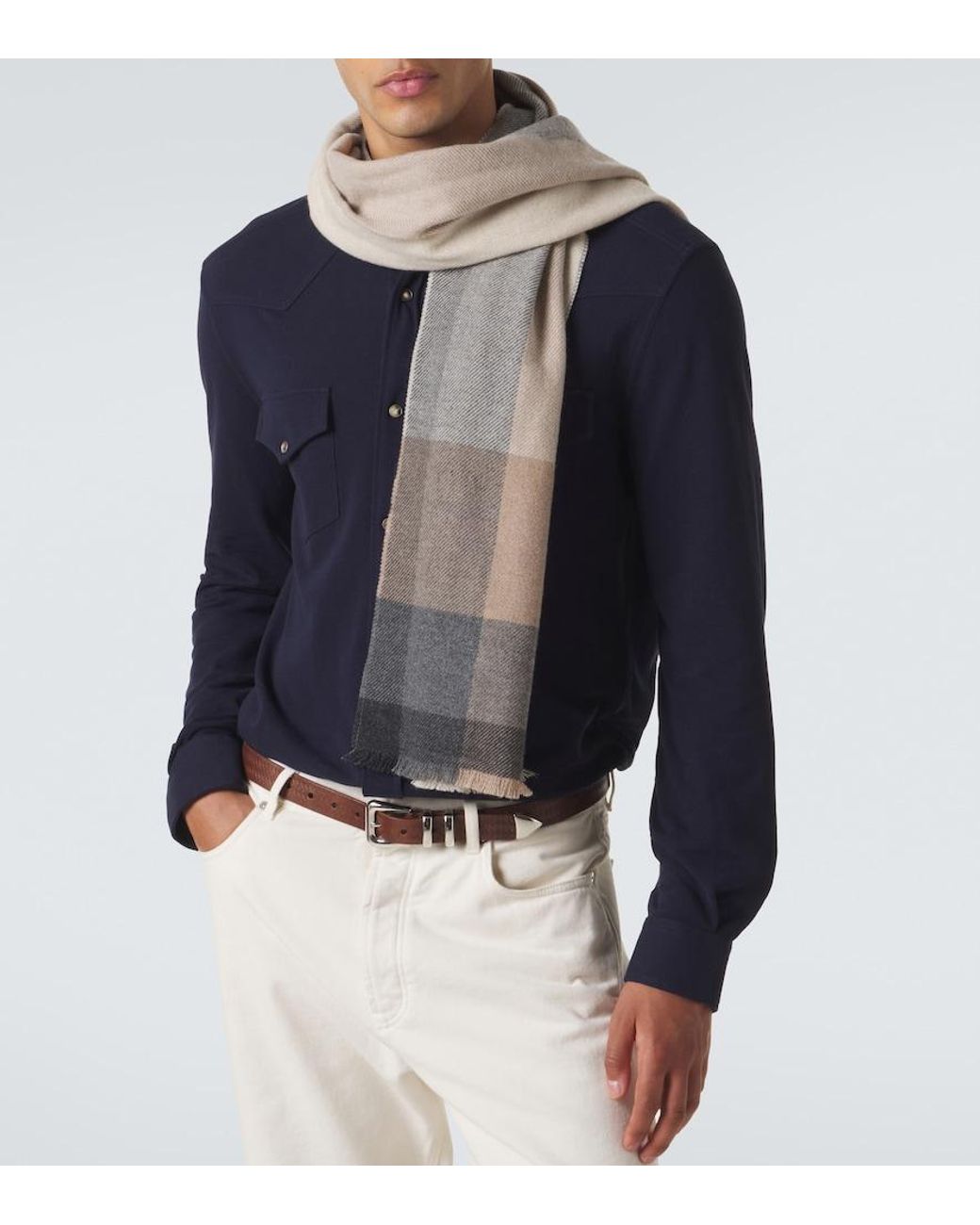 Brunello Cucinelli Natural Checked Wool And Cashmere Scarf for men