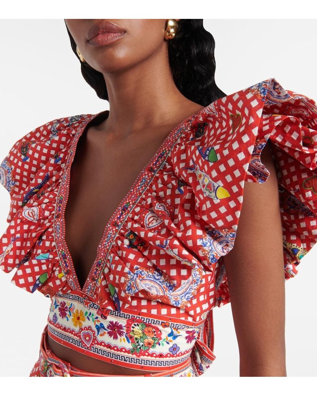 Camilla Red Printed Ruffled Cotton Top