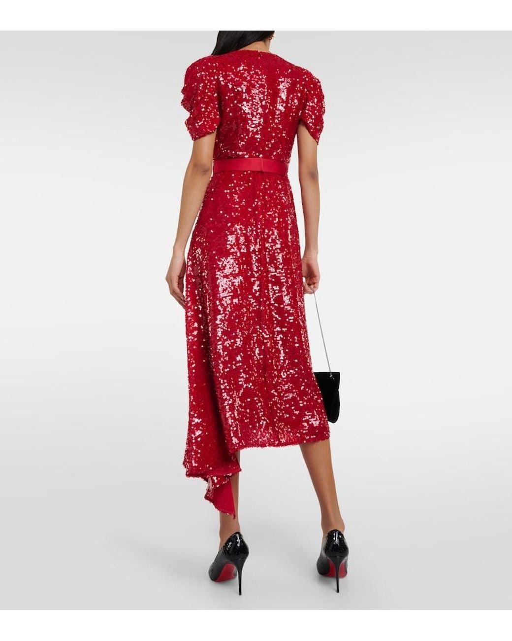 Erdem Red Asymmetric Sequined Midi Dress