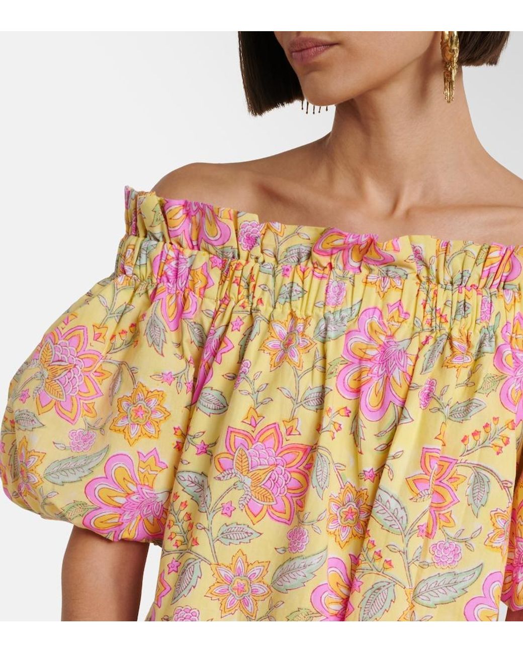 Juliet Dunn Orange Floral Off-Shoulder Cotton Minidress