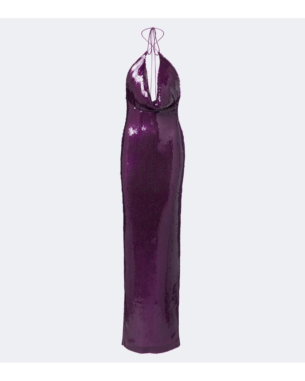 retroféte Purple Gardenia Sequined Halterneck Gown