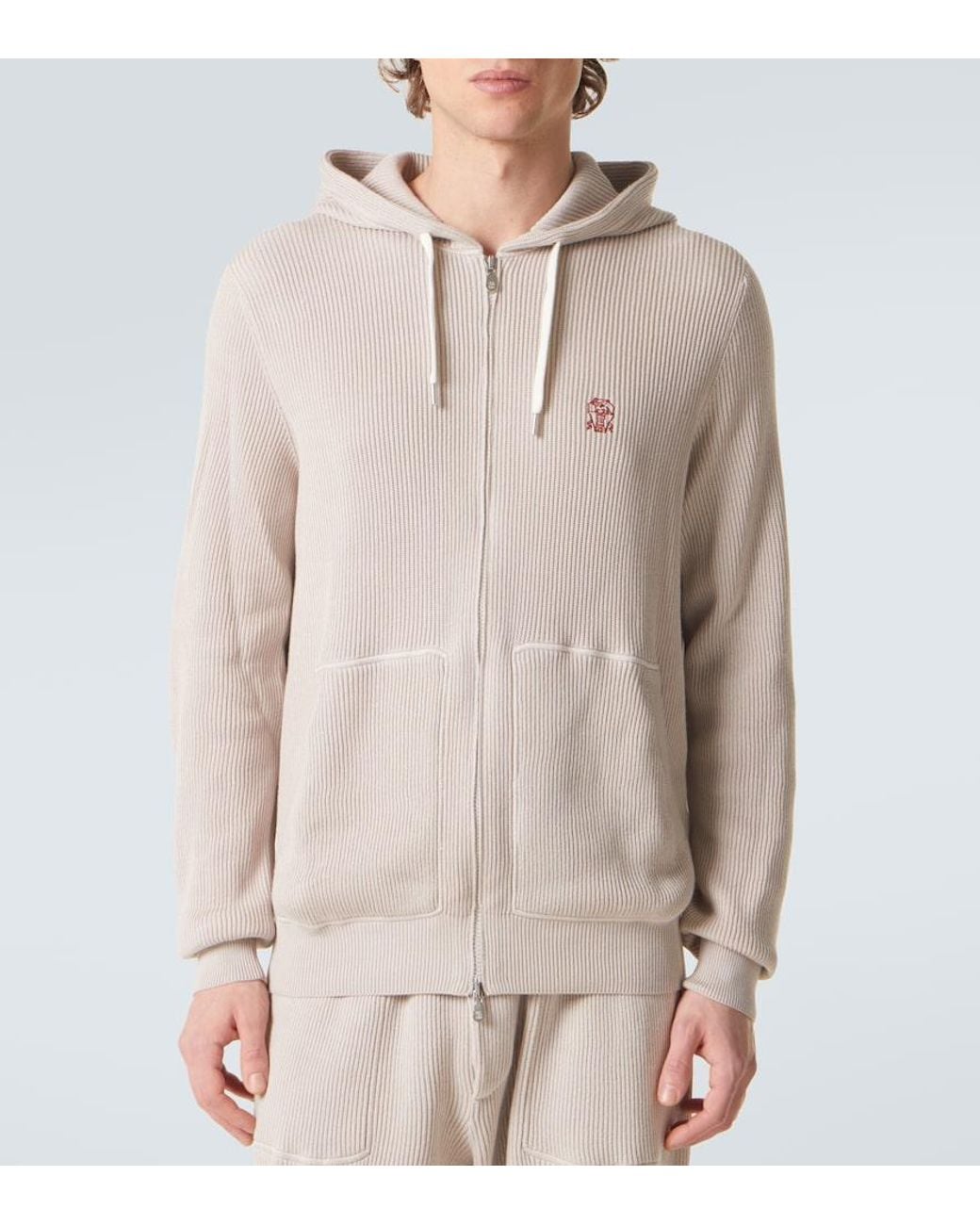 Brunello Cucinelli Pink Logo Ribbed-Knit Cotton Zip-Up Hoodie for men