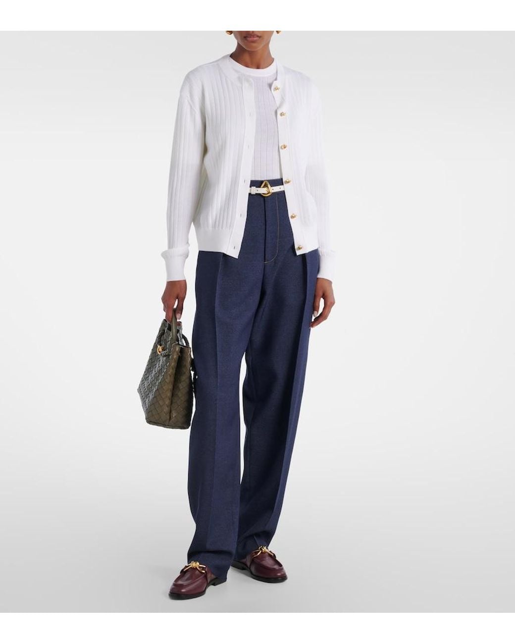 Bottega Veneta White Knot Ribbed-Knit Wool Cardigan