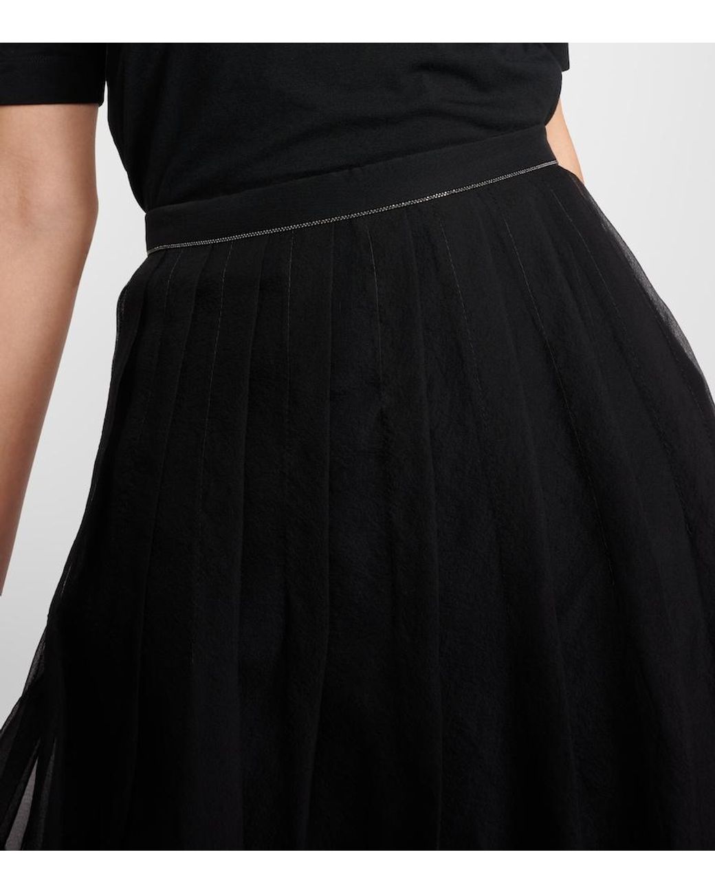 Brunello Cucinelli Black Embellished Pleated Silk Midi Skirt