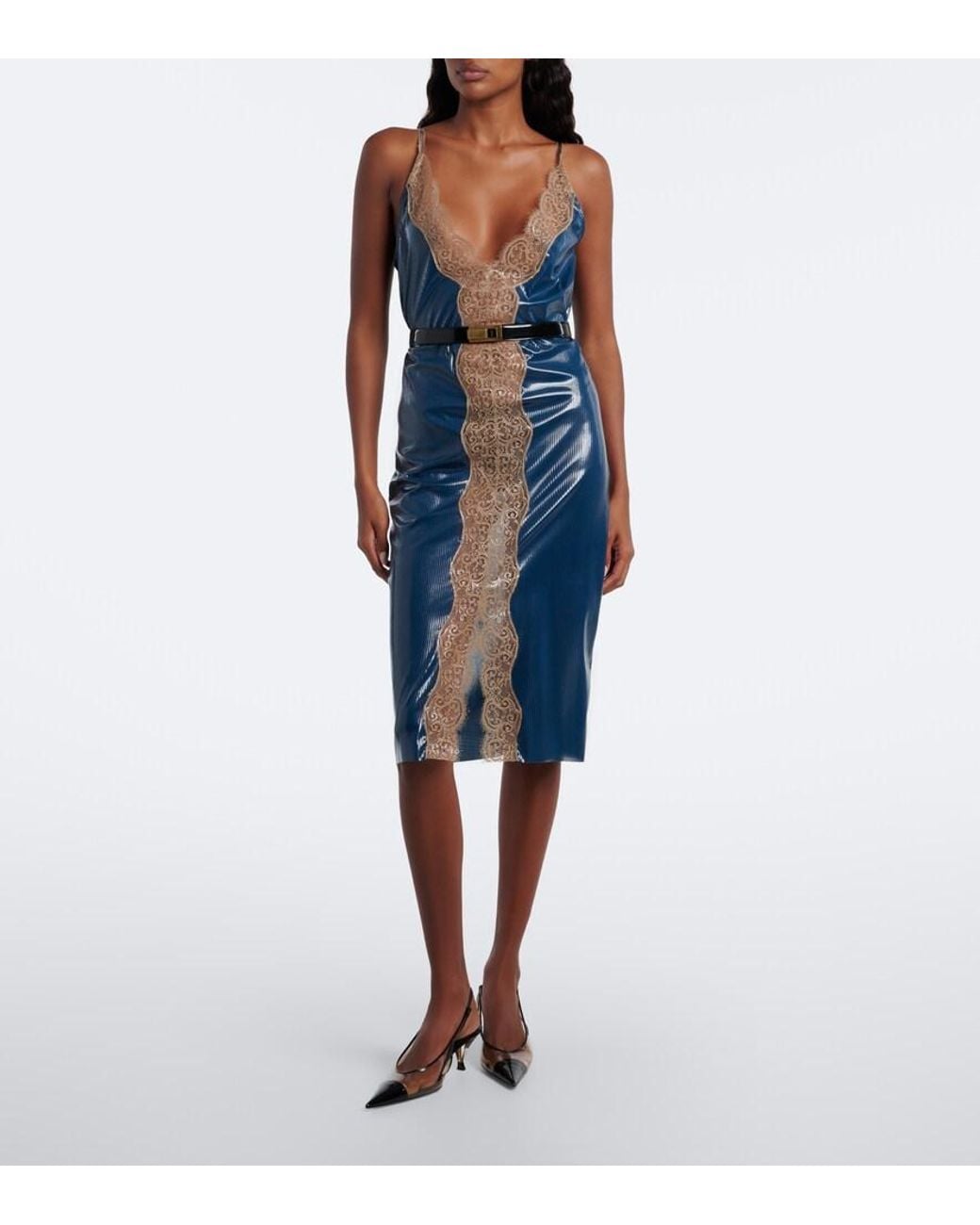 Saint Laurent Blue Lace-Trimmed Silk Midi Dress