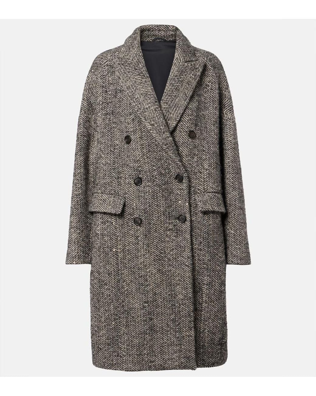 Brunello Cucinelli Gray Herringbone Wool-Blend Coat