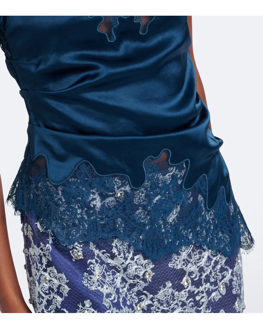 JACQUES WEI Blue Ruched Lace-Trimmed Satin Camisole