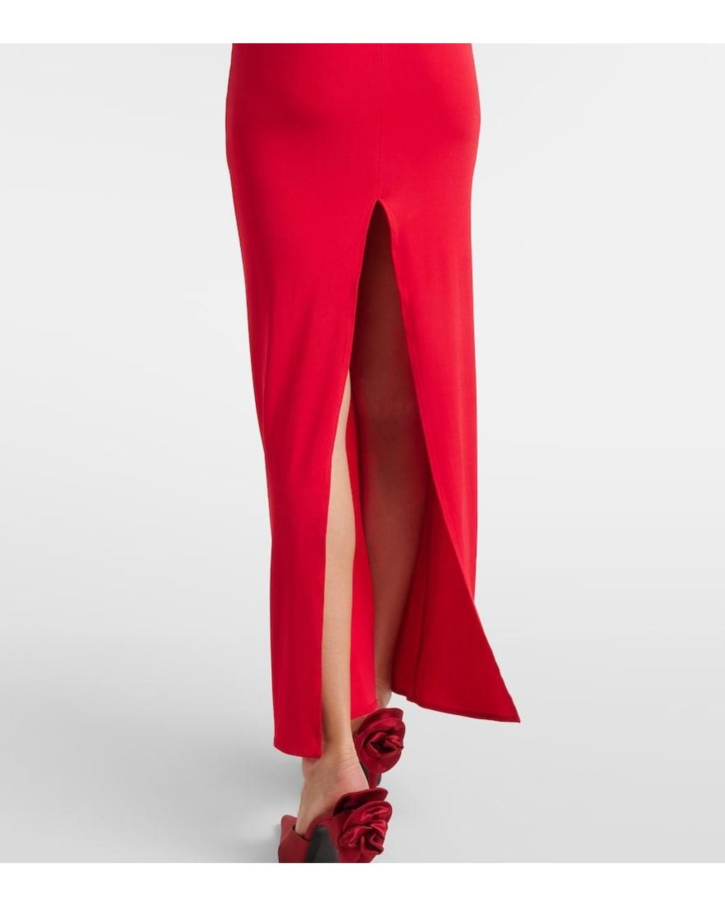 Magda Butrym Red Floral-Applique Ruched Jersey Gown