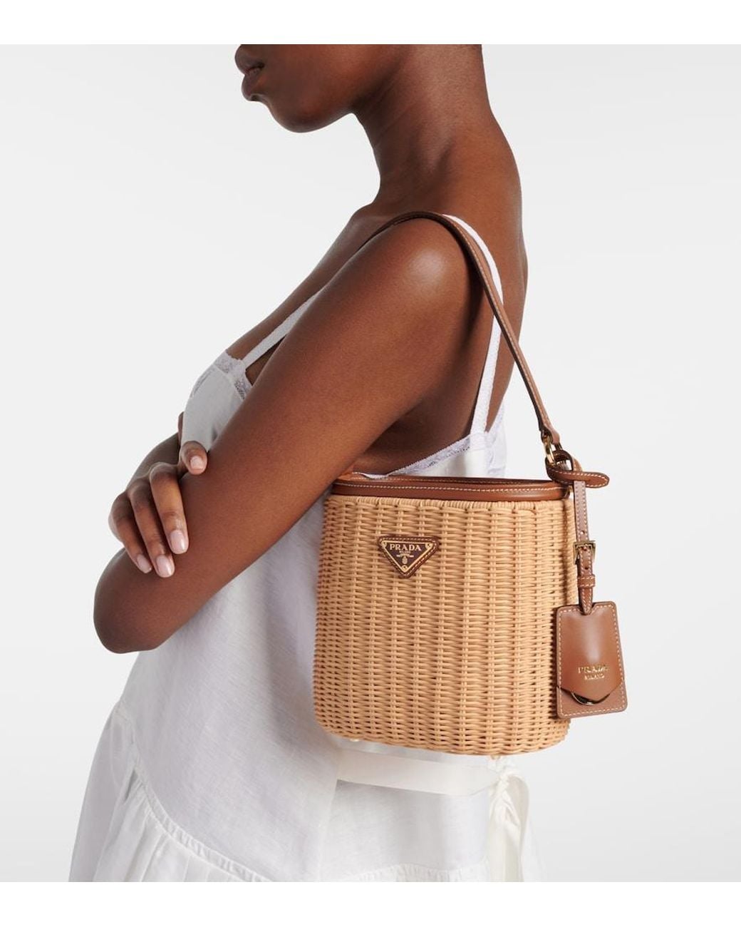 Prada Brown Leather-Trimmed Wicker Bucket Bag