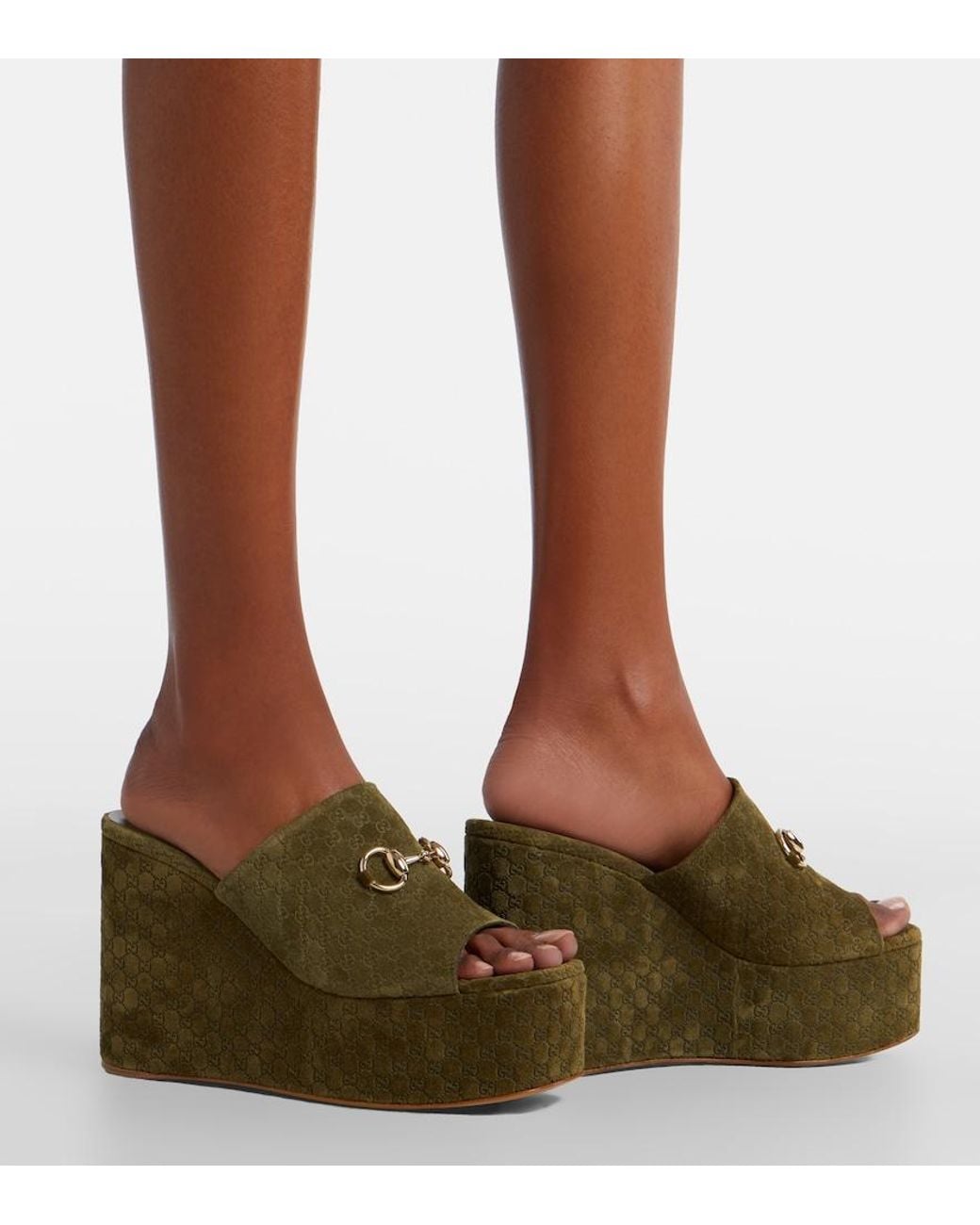 Gucci Green Horsebit Gg Suede Wedge Mules