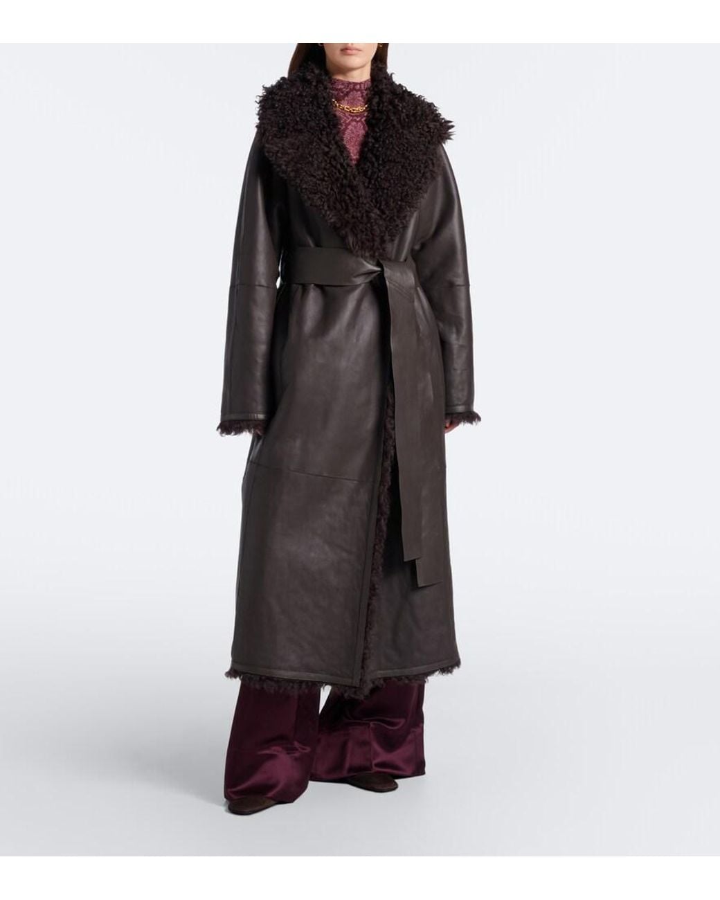 Joseph Black Magnus Leather-Trimmed Shearling Wrap Coat
