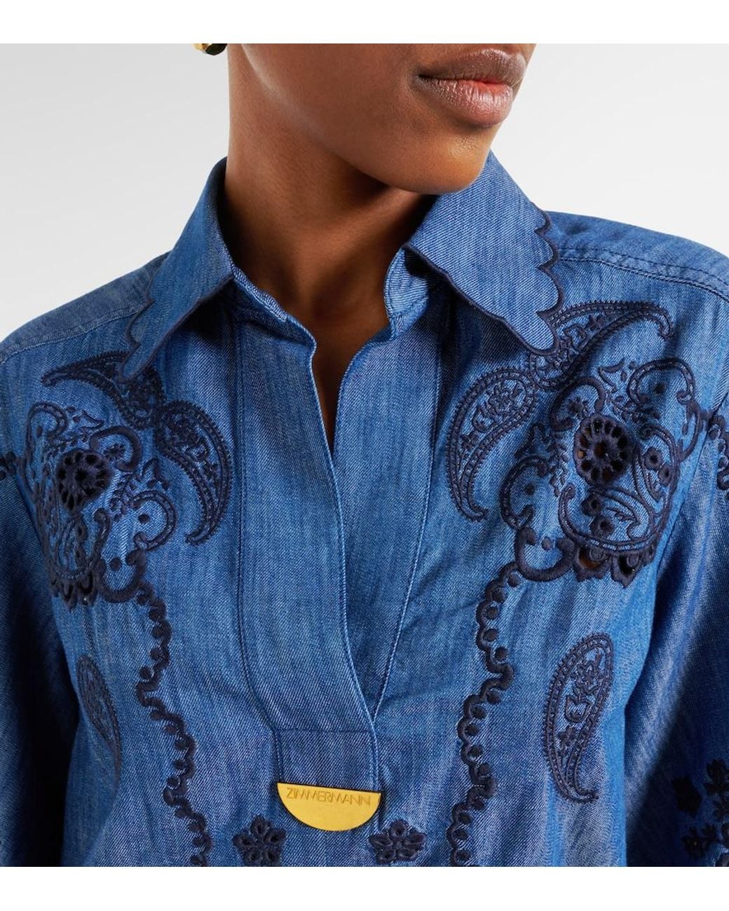 Zimmermann Blue Embroidered Cotton Chambray Minidress