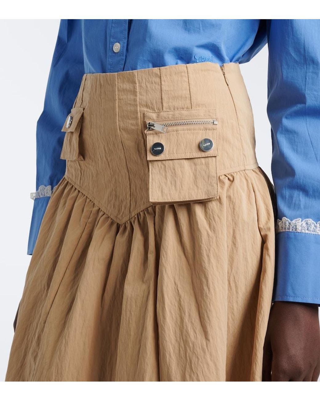 Ganni Natural Gathered Cotton-Blend Maxi Skirt