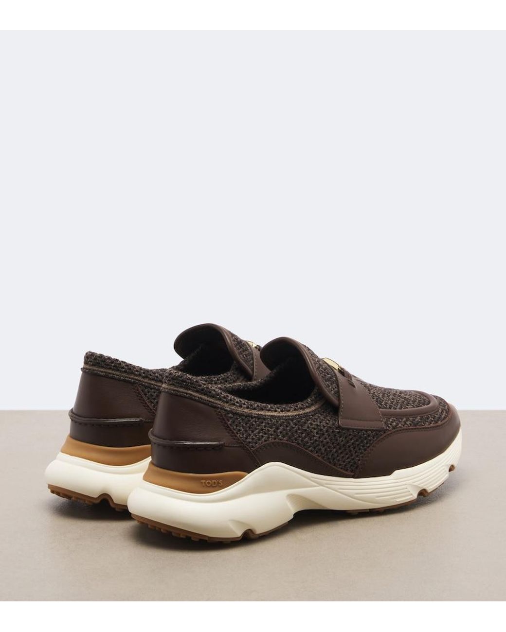 Tod's Brown Leather-Trimmed Knitted Slip-On Shoes