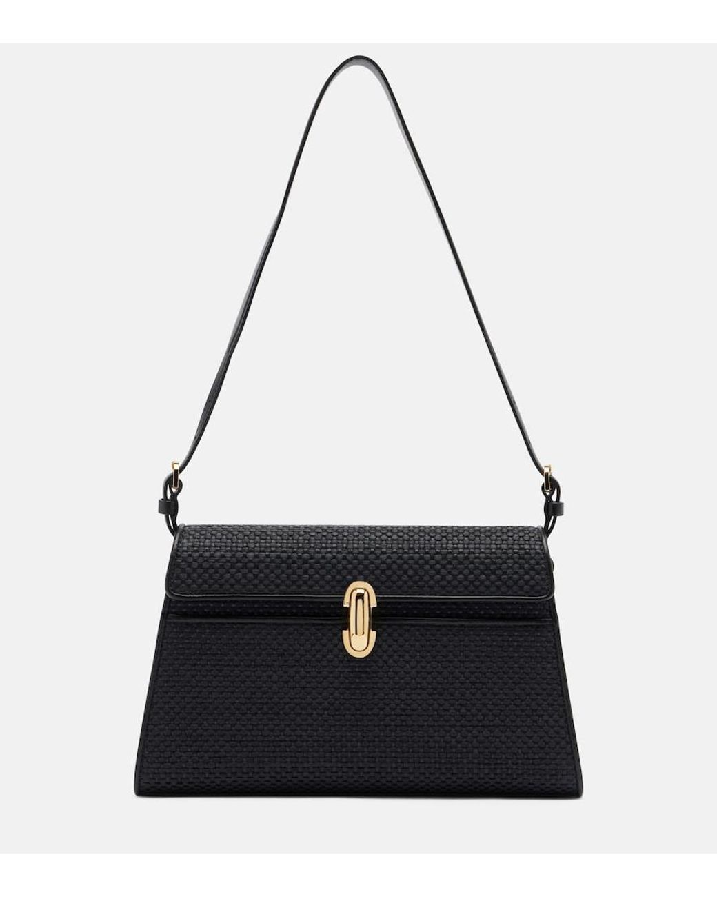 SAVETTE Black Symmetry Leather-Trimmed Raffia Shoulder Bag